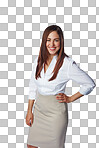 Style, confident and portrait of a happy businesswoman in corporate fashion looking proud of her business career. Happiness, pride and face of an employee isolated on a transparent, png background