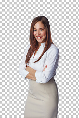 Portrait, confidence and happy businesswoman with arms crossed for pride in corporate leadership. Smile and beautiful employee isolated on a transparent, png background for career happiness