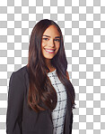 Business woman, smile and portrait of a corporate lawyer employee happy and ready to work. Happiness, professional career and beautiful employee isolated on a png background for confidence