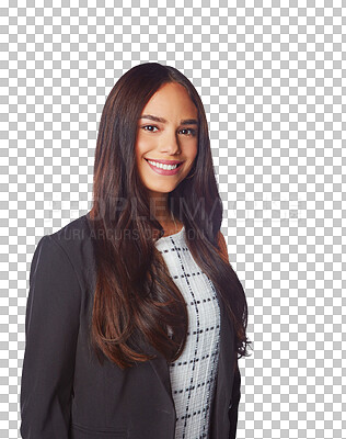 Buy stock photo Face, business woman and portrait with a smile, corporate and fashion outfit. Happiness, confidence and professional female model from Mexico with pride isolated on a transparent, png background
