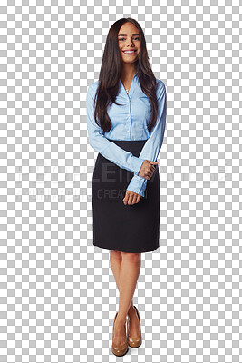 Beautiful, happy and portrait of a confident corporate woman isolated on a png background. Elegant, office and Brazilian secretary with a smile for professional style while on a transparent backdrop