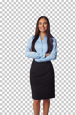 Buy stock photo Happiness, portrait and business woman with arms crossed isolated on a transparent png background. Professional, smile and confident female person or entrepreneur from Brazil with pride for career.