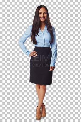 Buy stock photo Portrait, hand on hip and business woman standing isolated on a transparent png background. Professional, happiness and confident female person, lawyer or entrepreneur from Brazil with pride for job.