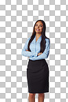 Transparent, business and portrait of woman with confidence for management, and pride. Happy, smile and confident with Brazilian girl and arms crossed for formal fashion isolated on a png background