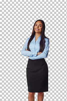 Buy stock photo Portrait, employee and woman with arms crossed, business and happy lady isolated against a transparent background. Face, female model and consultant with a smile, pride and confidence with png