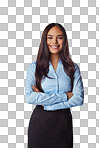 Isolated, business and portrait of woman with arms crossed in isolated on a png background studio for management, leader and fashion. Happy, smile and confident with Brazilian girl for formal, cute and style