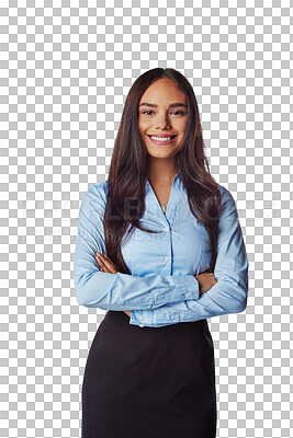 Buy stock photo Portrait, happy and business woman with arms crossed isolated on a transparent png background. Professional, smile and confident female person or entrepreneur from Brazil with pride for career.
