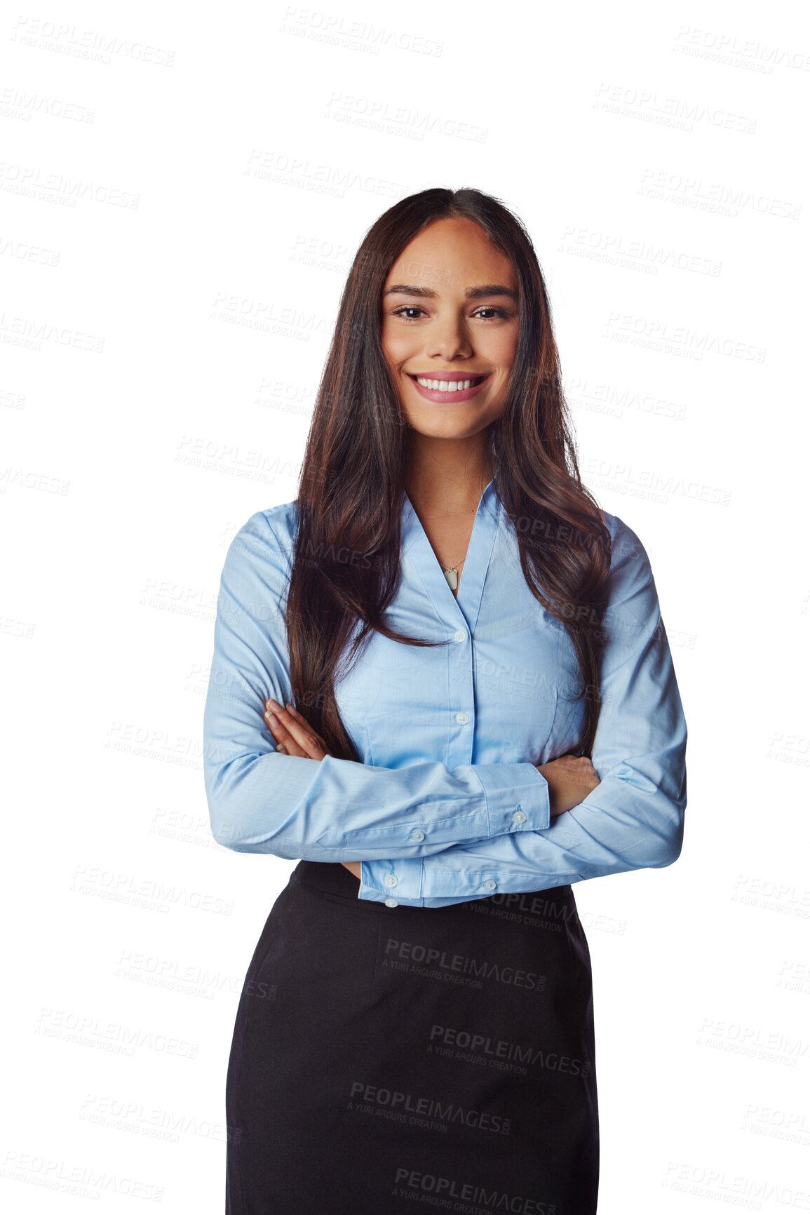Buy stock photo Portrait, happy and business woman with arms crossed isolated on a transparent png background. Professional, smile and confident female person or entrepreneur from Brazil with pride for career.