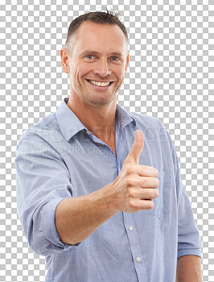 Buy stock photo Thumbs up, happy and portrait of business man isolated on a transparent png background. Like, hand gesture and mature male professional with emoji for success, winning or approval, agreement and ok.