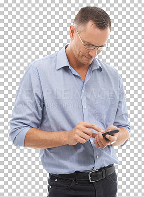 Buy stock photo Business, app and man with a smartphone, typing and social media with guy isolated against transparent background. Male employee, entrepreneur and worker with a cellphone, png and chatting with tech