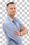 Confidence, pride and portrait of a man  posing with crossed arms for leadership. Happy, smile and face of a confident mature male model with positive mindset isolated on a png background