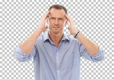 Buy stock photo Portrait, stress and PNG with a business man isolated on a transparent background suffering from anxiety. Burnout, mental health and overworked with a frustrated male employee rubbing his temples