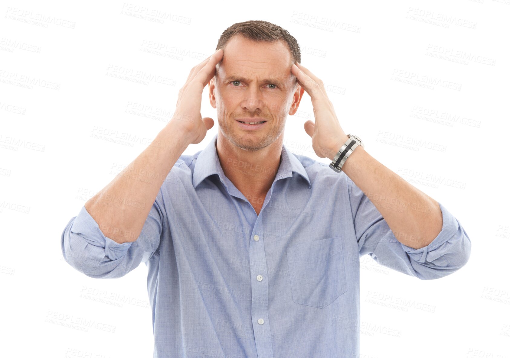 Buy stock photo Portrait, stress and PNG with a business man isolated on a transparent background suffering from anxiety. Burnout, mental health and overworked with a frustrated male employee rubbing his temples