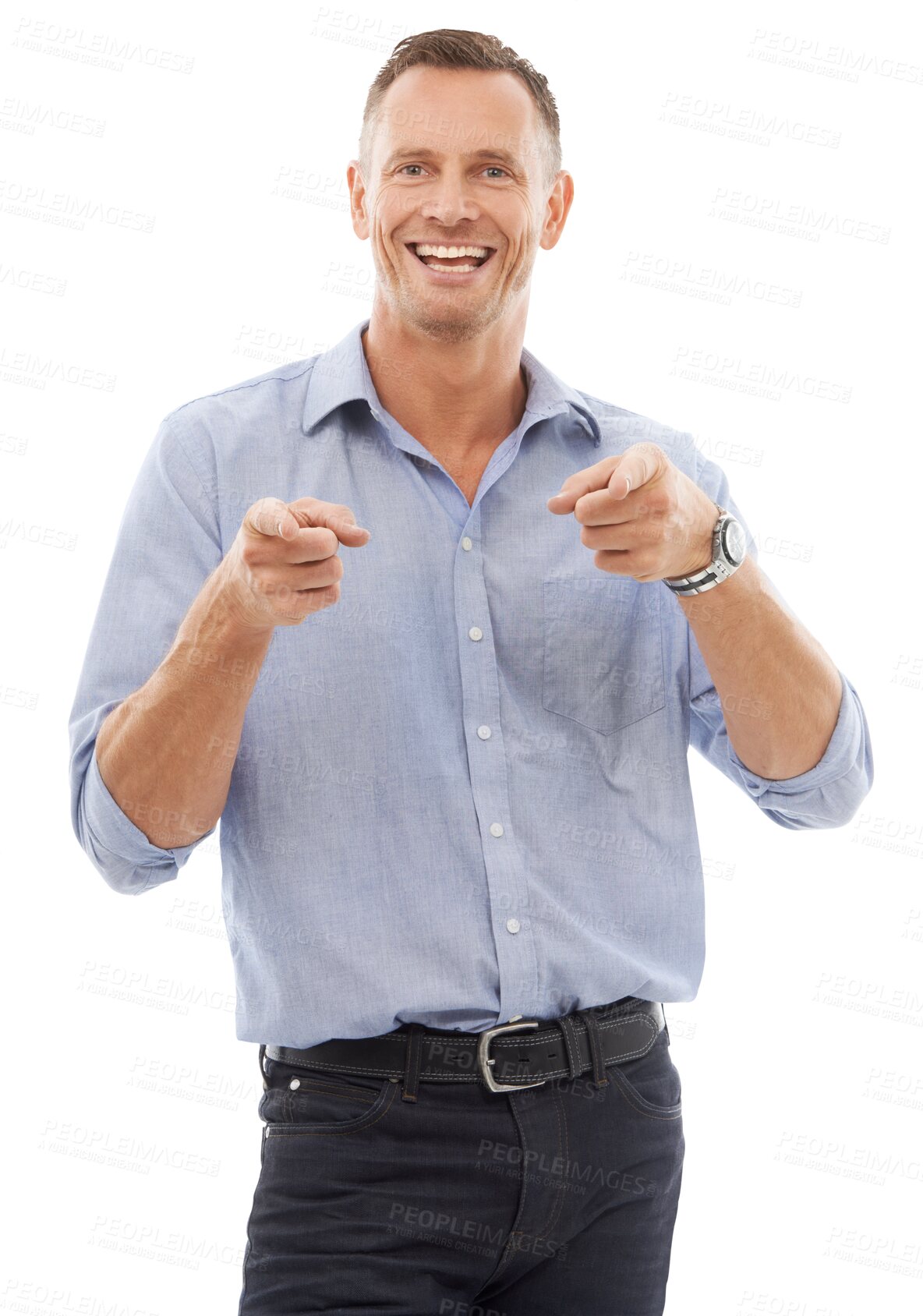 Buy stock photo Happy, smile and portrait of a businessman pointing finger with confidence for direction or choice. Happiness, excited and male employee with a point gesture isolated by a transparent png background.