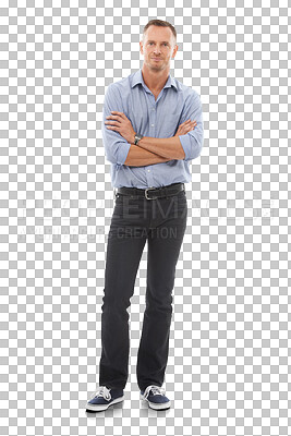 Buy stock photo Confident, portrait or businessman with arms crossed, success or relaxed casual clothes alone. Worker, full body or mature person with confidence or experience isolated on transparent png background