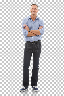 Buy stock photo Portrait, happy and arms crossed with a business man isolated on a transparent background for work. Confident, smile and PNG with a mature male employee looking ready for future company success