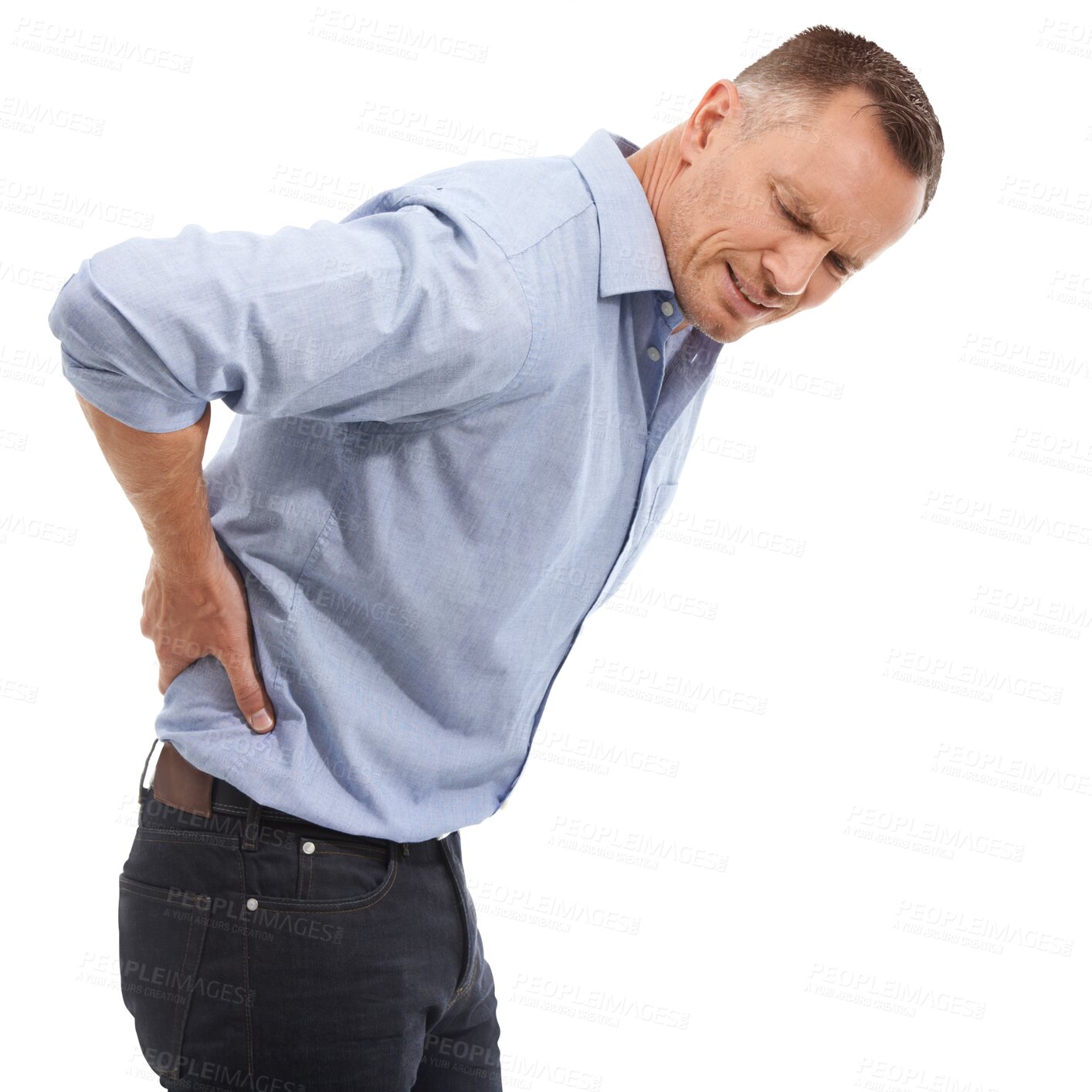 Buy stock photo Back pain, spine injury or businessman in accident with crisis, bruised body or injured employee hurt. Bad, muscle strain risk or stressed worker with backache isolated on transparent png background 