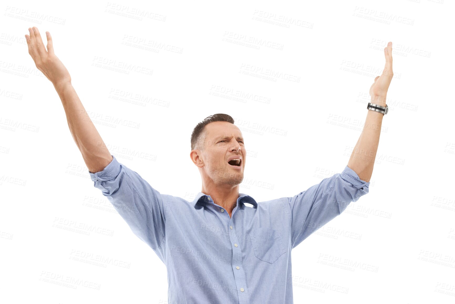 Buy stock photo Angry, frustrated and a man throw arms in air, looking disappointed and annoyed. Surprise, wow and businessman shocked by bad result, problem or work fail isolated on a transparent png background