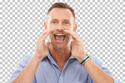 Buy stock photo Shouting, portrait or businessman with an announcement screaming or yelling for a sales promotion. Voice opinion, talk or face of mature person in communication isolated on transparent png background