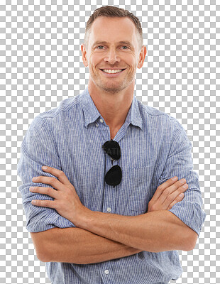 Buy stock photo Arms crossed, smile or portrait of a happy man with sunglasses, confidence or fashionable style. Confident, relaxed or mature person smiling with cool shades isolated on transparent png background