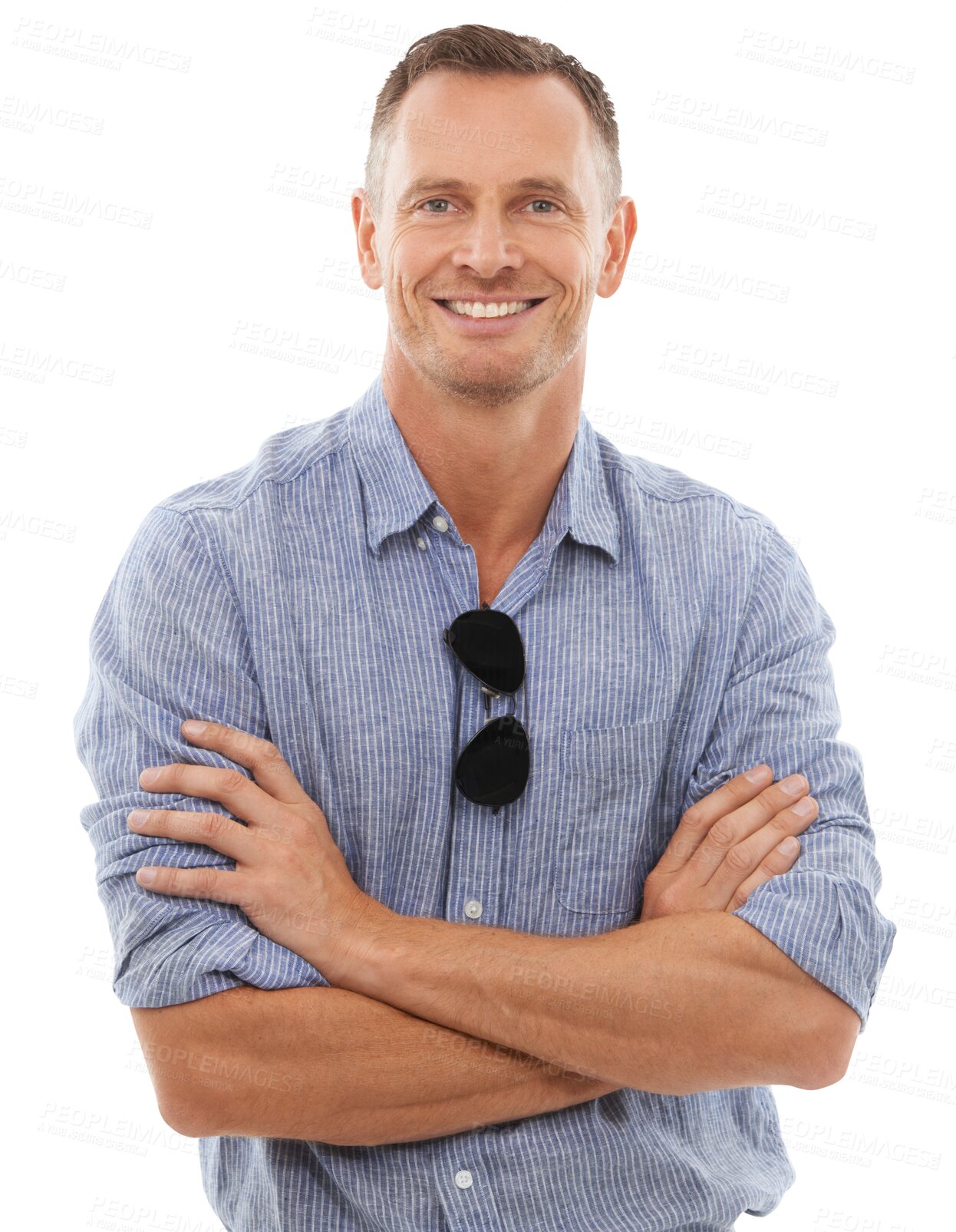 Buy stock photo Arms crossed, smile or portrait of a happy man with sunglasses, confidence or fashionable style. Confident, relaxed or mature person smiling with cool shades isolated on transparent png background