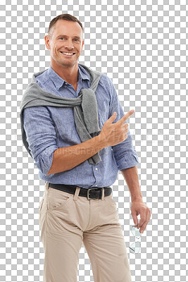 Buy stock photo Portrait, happy man and pointing to advertising for offer, information and brand coming soon. Mature male person, gesture and announcement of sales promotion isolated on a transparent png background
