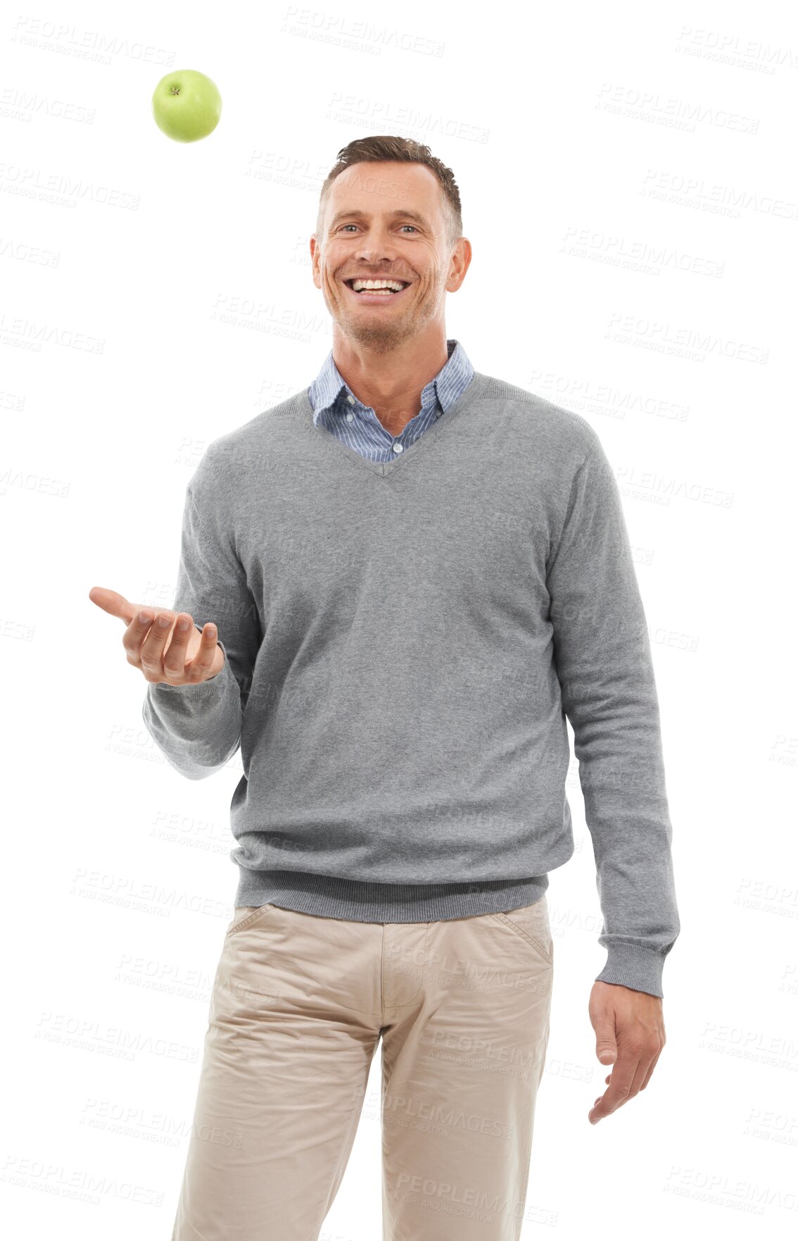 Buy stock photo Throw, apple or portrait of happy businessman eating healthy isolated on transparent png background. Nutrition vitamins, up in air or mature person with fruit to lose weight, clean diet or detox