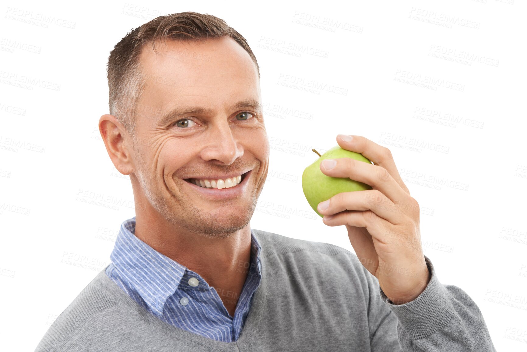 Buy stock photo Smile, healthy food or portrait of happy man with an apple isolated on transparent png background. Nutrition vitamins, detox or mature person eating fresh fruit to lose weight, diet or wellness 