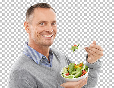 Buy stock photo Healthy food, diet and portrait of happy man with salad, nutrition and smile isolated on transparent png background. Health, happiness and hungry male model eating vegetable bowl for vegan benefits.