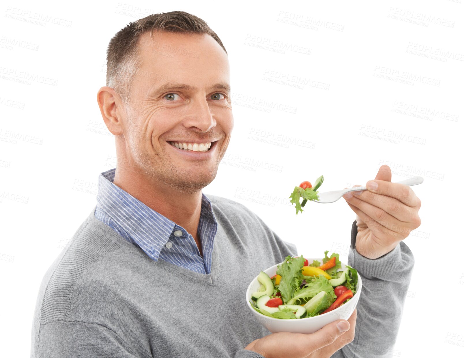 Buy stock photo Healthy food, diet and portrait of happy man with salad, nutrition and smile isolated on transparent png background. Health, happiness and hungry male model eating vegetable bowl for vegan benefits.