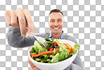 Healthy salad, food and vegetable with a man for health, wellness and nutrition. Model person with green vegan lunch or brunch bowl in hands for strong immune isolated on a png background