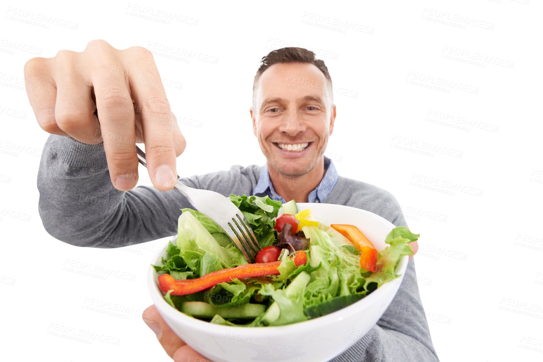 Buy stock photo Healthy food, closeup of salad and portrait of man with smile, nutrition and care isolated on transparent png background. Health, happiness and hungry male model eating vegetable bowl for vegan diet.