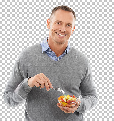 Buy stock photo Portrait, smile and man eating a fruit salad for wellness, craving and guy isolated on a transparent background. Face, mature male person and model with healthy snack, happiness or diet meal with png