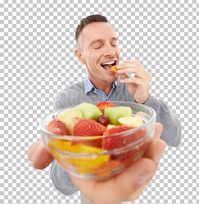 Buy stock photo Healthy food, offer or man with fruit salad, smile or eyes closed isolated on transparent png background. Give, giving fruits or mature person eating vegan diet to lose weight or nutrition vitamins