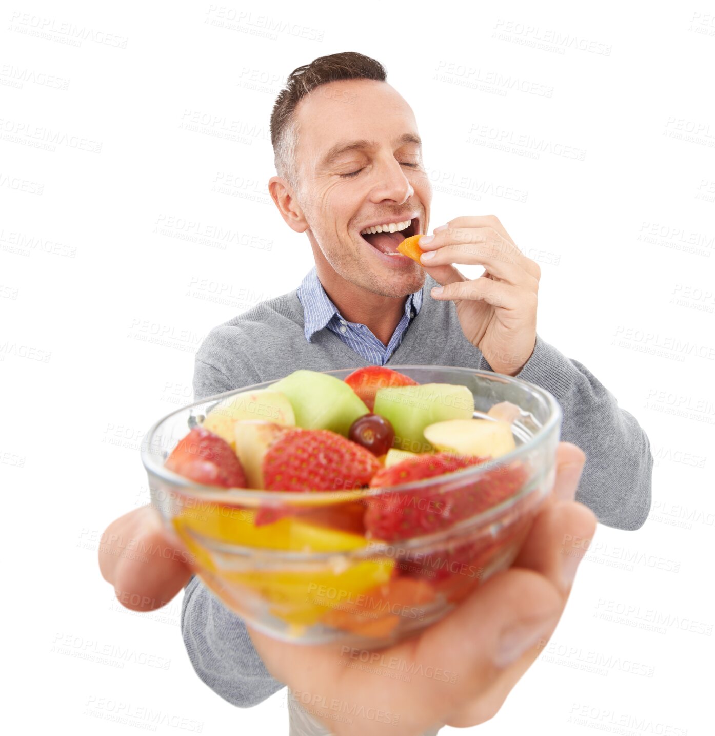 Buy stock photo Healthy food, offer or man with fruit salad, smile or eyes closed isolated on transparent png background. Give, giving fruits or mature person eating vegan diet to lose weight or nutrition vitamins