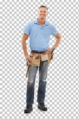 Buy stock photo Man with smile in portrait, handyman with tools and maintenance worker isolated on transparent, png background. Manual labour, DIY skills and professional trade with male person doing home renovation