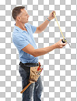 Construction worker, measuring tape and man for maintenance, engineering and building. Manual labor, repair service and contractor, builder and handyman with measure tools or gear on isolated on a png background
