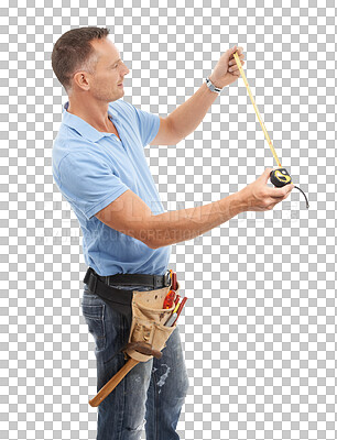 Buy stock photo Construction, tape measure and PNG with a contractor man isolated on a transparent background for maintenance. Building, diy and tools with a mature engineer or handyman working on a labor project