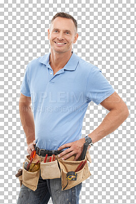 Buy stock photo Portrait, building and PNG with an engineer man isolated on a transparent background for maintenance. Construction, diy and tools with a mature contractor or handyman working on a labor project