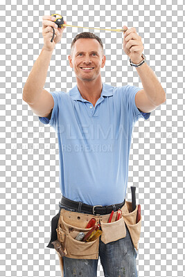 Buy stock photo Building, tape measure and PNG with a contractor man isolated on a transparent background for maintenance. Construction, diy and tools with a mature engineer or handyman working on a labor project