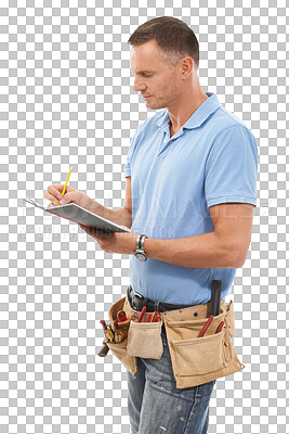 Carpenter, contractor or man writing with notebook, invoice and handyman tools. Professional construction worker, model or person notes for career services in isolated on a png background