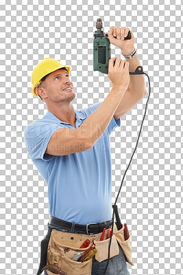 Buy stock photo Construction, drill and PNG with an engineer man isolated on a transparent background for maintenance. Building, diy and power tools with a mature contractor or handyman working on a labor project