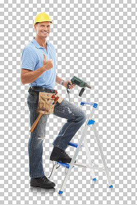 Buy stock photo Man, thumbs up and smile in portrait, handyman on ladder with tools isolated on transparent, png background. Manual labour, DIY skills and maintenance with tools and male person doing home renovation