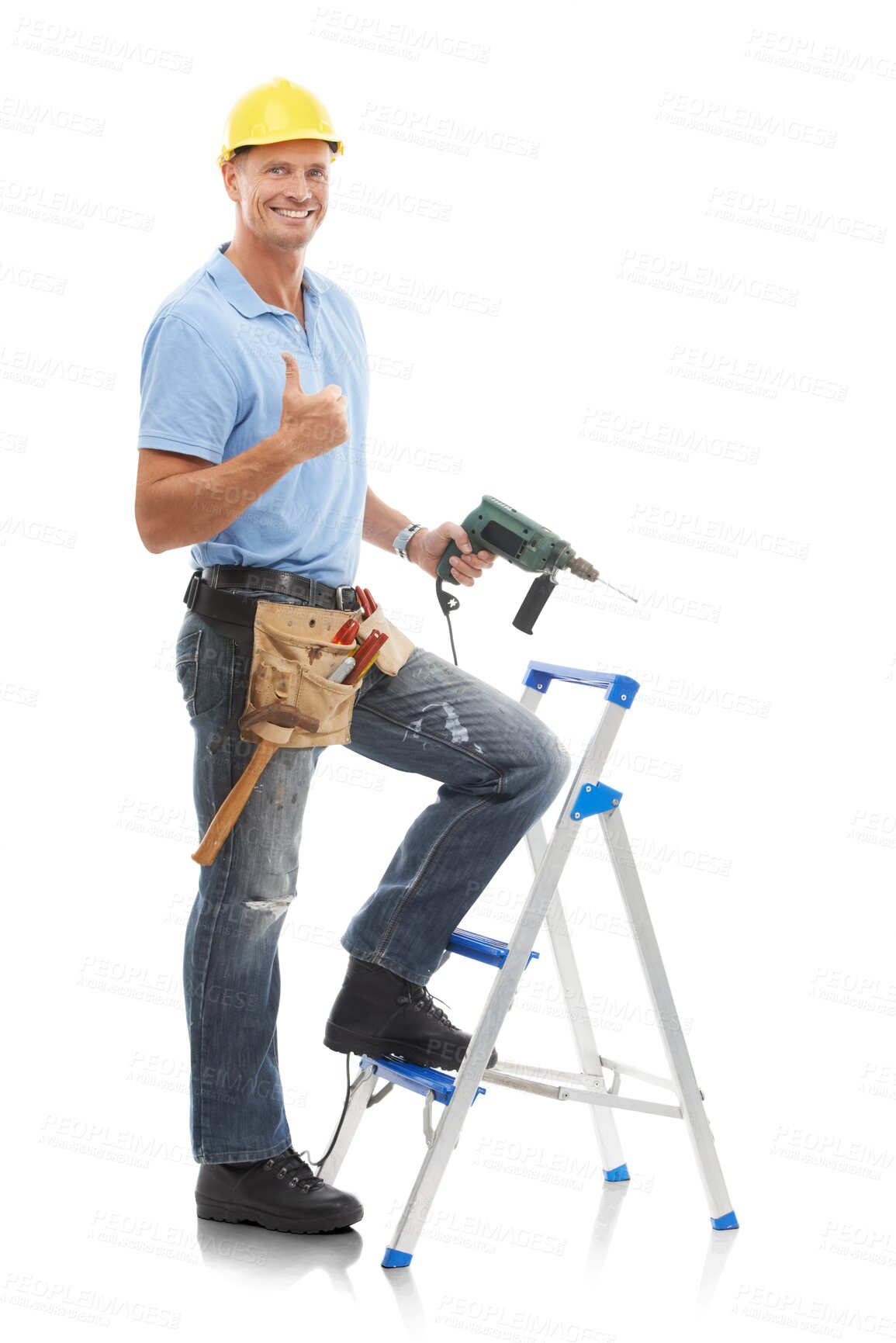 Buy stock photo Man, thumbs up and smile in portrait, handyman on ladder with tools isolated on transparent, png background. Manual labour, DIY skills and maintenance with tools and male person doing home renovation