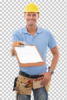 Buy stock photo Portrait, documents and contract with a contractor man isolated on a png transparent background for maintenance. Construction and diy with a mature engineer or handyman working on a labor project