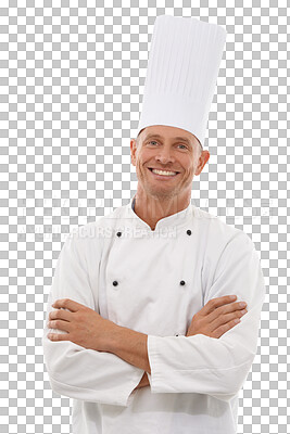 Buy stock photo Man in portrait, arms crossed with chef and cooking skill in hospitality isolated on transparent, png background. Culinary service, professional male cook and smile, expert in cuisine and fine dining