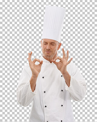 Buy stock photo Success, chef and man with hands for ok sign, approval and guy isolated against a transparent background. Male employee, worker and culinary artist with eyes closed, perfection and happiness with png