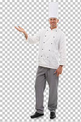 Buy stock photo Chef, portrait and man advertising with hands for offer, information and menu coming soon. Happy male cook, announcement and presentation of catering promotion isolated on transparent png background 