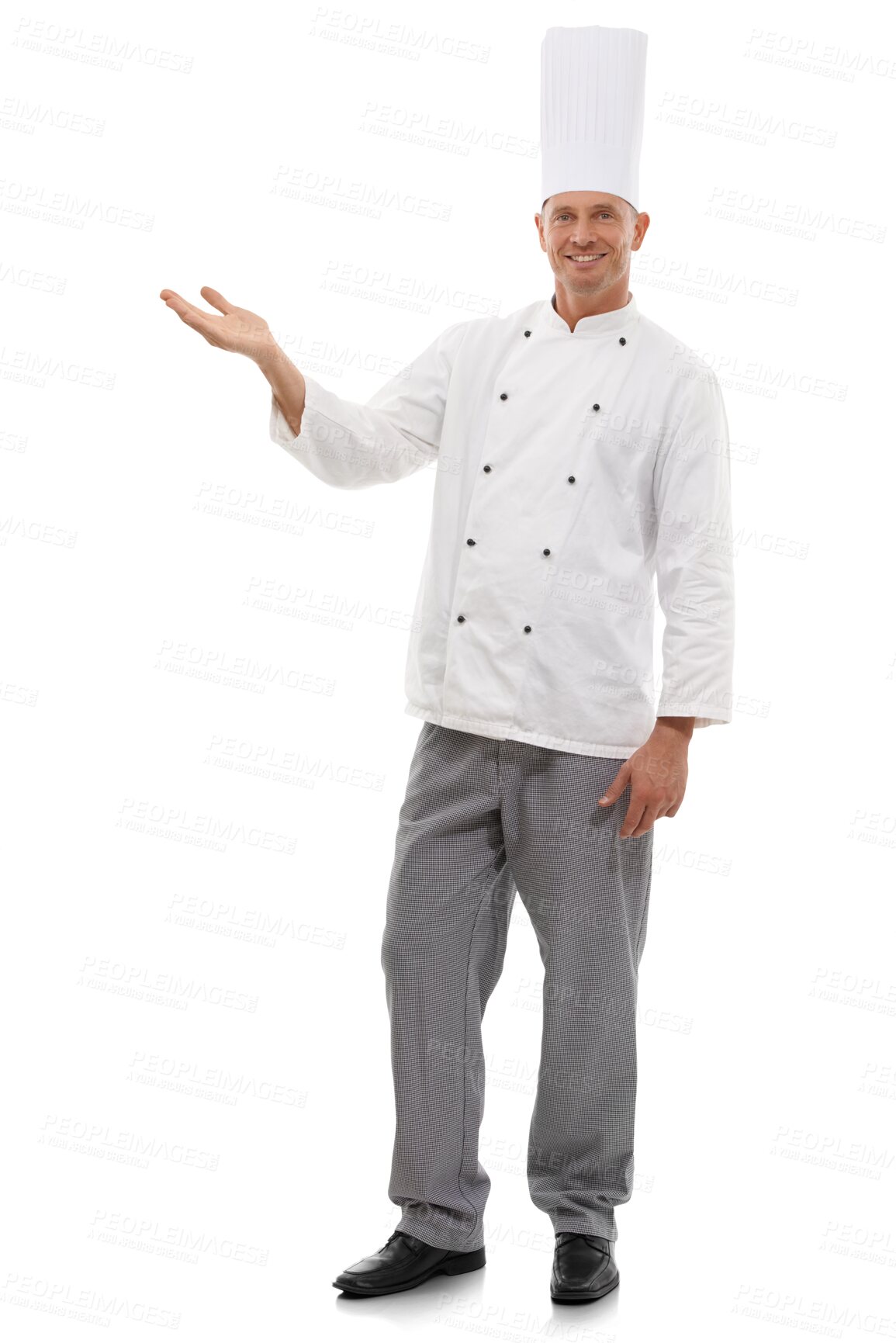 Buy stock photo Chef, portrait and man advertising with hands for offer, information and menu coming soon. Happy male cook, announcement and presentation of catering promotion isolated on transparent png background 