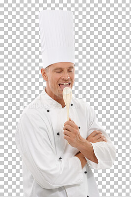 Buy stock photo Man, chef and tongue on spoon while baking, cafe owner and small business isolated on transparent png background. French baker, happiness and taste test for new menu special or restaurant promotion.